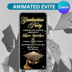 Invitación digital para fiesta de graduación, invitación animada para anunciar la universidad en dorado, invitación "Ella lo hizo" para la escuela secundaria, tarjeta electrónica personal, Canva editable