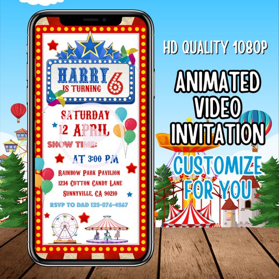 Carnival video invite, Carnival Birthday Invitation, Vintage Carnival Invite, Carnival Animated video Invitation, Bday evite, Canva Editable