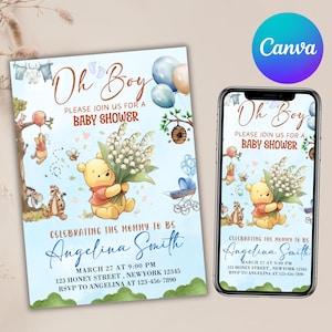 Editable Winnie the Pooh Baby Shower Invitation, Digital Invitation Oh Boy, Blue Winnie The Pooh Invitation, Canva Editable