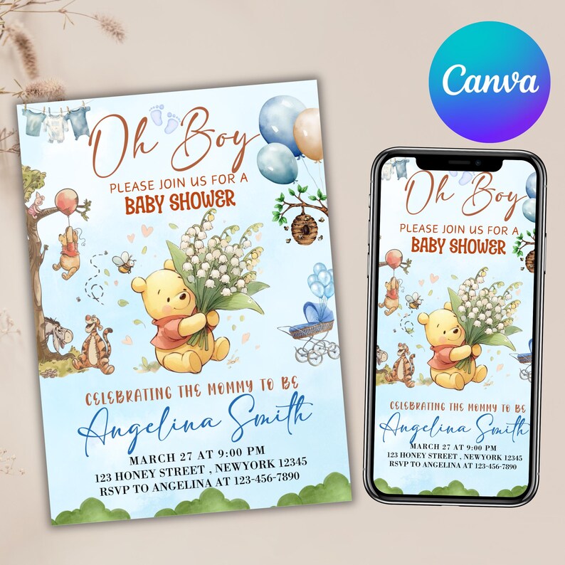 Editable Winnie the Pooh Baby Shower Invitation, Digital Invitation Oh Boy, Blue Winnie The Pooh Invitation, Canva Editable