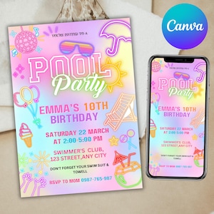 Editable pool party invitation, Glow neon invite, Tropical tie dye birthday pool party invitation swimming party invite, Canva Editable