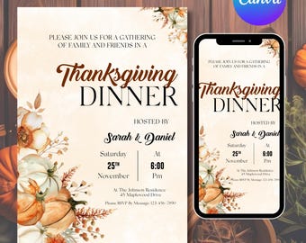 May include: Thanksgiving dinner invitation with floral and pumpkin illustrations. The invitation includes the text "Thanksgiving Dinner" and details for the event, including the date, time, and location. A smartphone displays the same invitation.