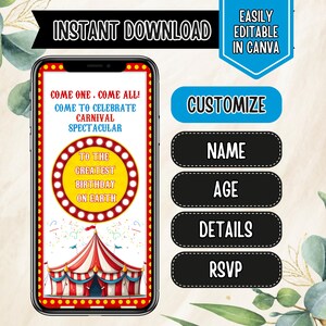 Carnival video invite, Carnival Birthday Invitation, Vintage Carnival Invite, Carnival Animated video Invitation, Bday evite, Canva Editable