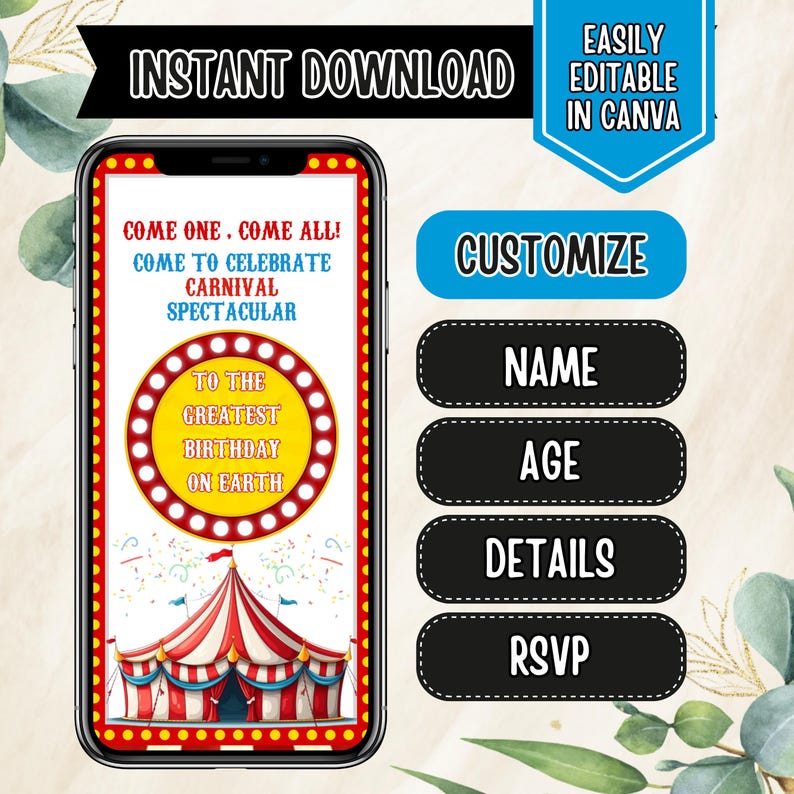 Carnival video invite, Carnival Birthday Invitation, Vintage Carnival Invite, Carnival Animated video Invitation, Bday evite, Canva Editable
