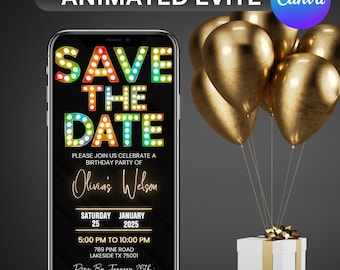 Save the Date Animated Invitation, Champagne Gold Birthday Video Evite, Dark Grey Luxury Evite, DIY Text, Instant Download