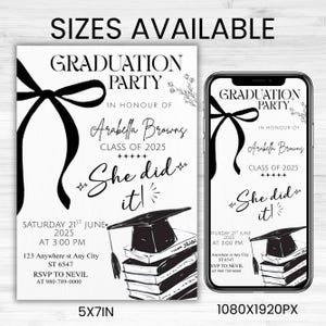 Black Bow Graduation Party Invitation, Graduation Announcement Template, Minimalist Graduation Invite, Grad Party Invite, Canva Editable