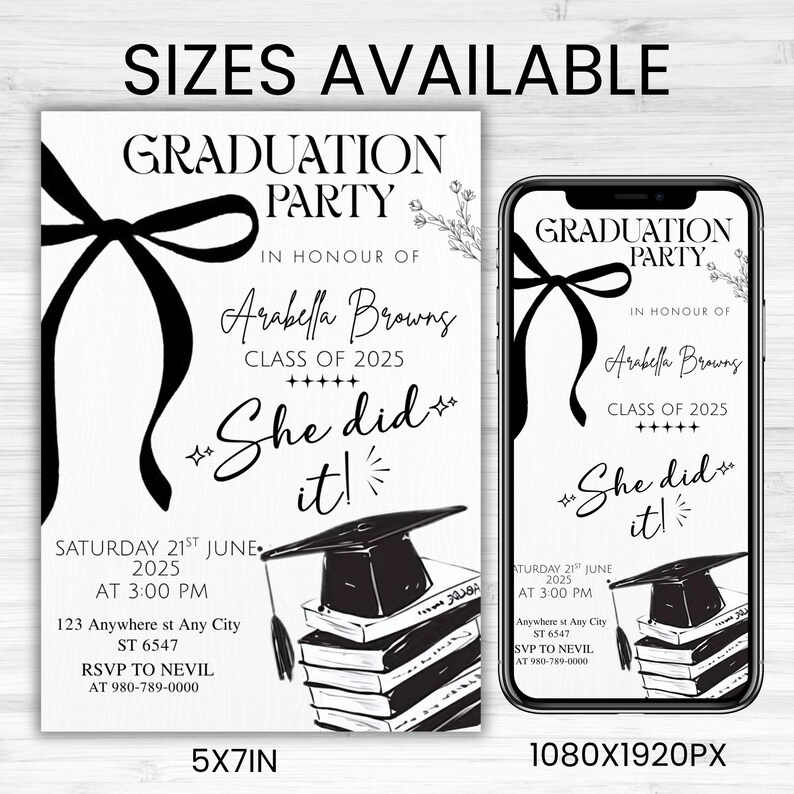 Black Bow Graduation Party Invitation, Graduation Announcement Template, Minimalist Graduation Invite, Grad Party Invite, Canva Editable