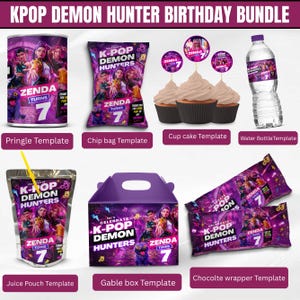 Può includere: Un set per feste di compleanno K-Pop Demon Hunter con modelli viola e rosa per barattolo Pringle, sacchetto di patatine, cupcake, bottiglia d'acqua, bustina di succo, scatola regalo e incarti di cioccolato, personalizzati Zenda turns 7.