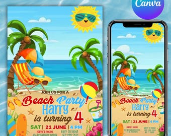 Beach Invitation, Beach Birthday Party Invitation, Ocean Birthday Invitation Template, Surfer Invitation, Canva Editable