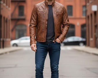 Chaqueta de motociclista de cuero genuino marrón tostado para hombre / Diseño acolchado