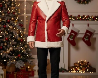 Abrigo de piel de oveja rojo inspirado en Papá Noel para hombre, hecho a mano: cálida chaqueta de cuero navideña con ribete de piel sintética.