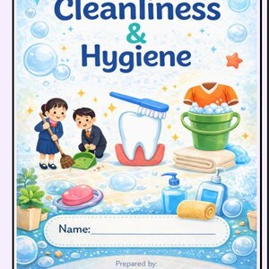 Op de afbeelding: Een kleurrijke illustratie die reinheid en hygiëne promoot. De afbeelding toont een grote tand met een tandenborstel, schoonmakende kinderen en schoonmaakbenodigdheden. Tekst bevat "Cleanliness & Hygiene" en een ruimte om een naam in te vullen.