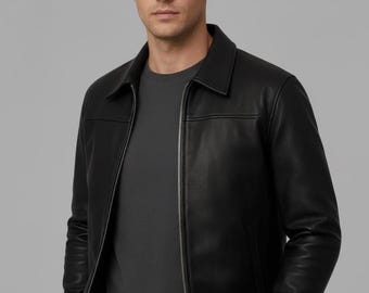 Chaqueta Harrington de piel de cordero negra para hombre – Abrigo clásico de cuero hecho a mano con cuello de camisa