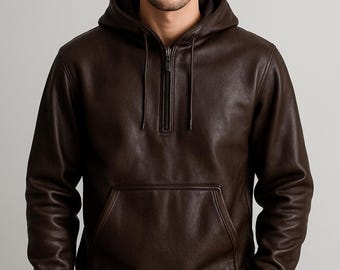 Sudadera con capucha de cuero marrón hecha a mano: chaqueta informal para hombre