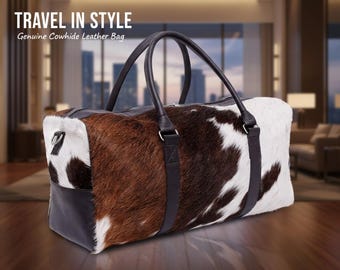 Bolsa de viaje de piel de vacuno tricolor: un bolso de fin de semana hecho a mano