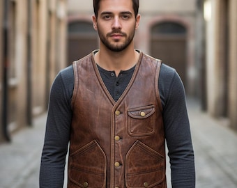 Men's Leather Riding Cowhide Vest Vintage Brown Trucker Distressed Vest Jacket
