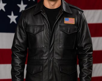 Chaqueta de campaña M65 de piel de cordero hecha a mano: chaqueta negra de estilo militar