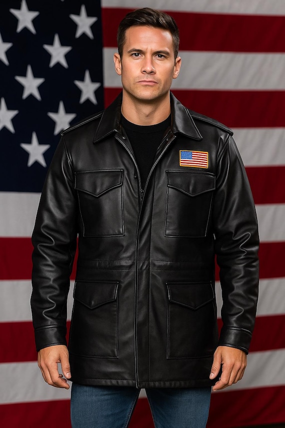 Handmade Lambskin Leather M65 Field Coat: Military Style Black