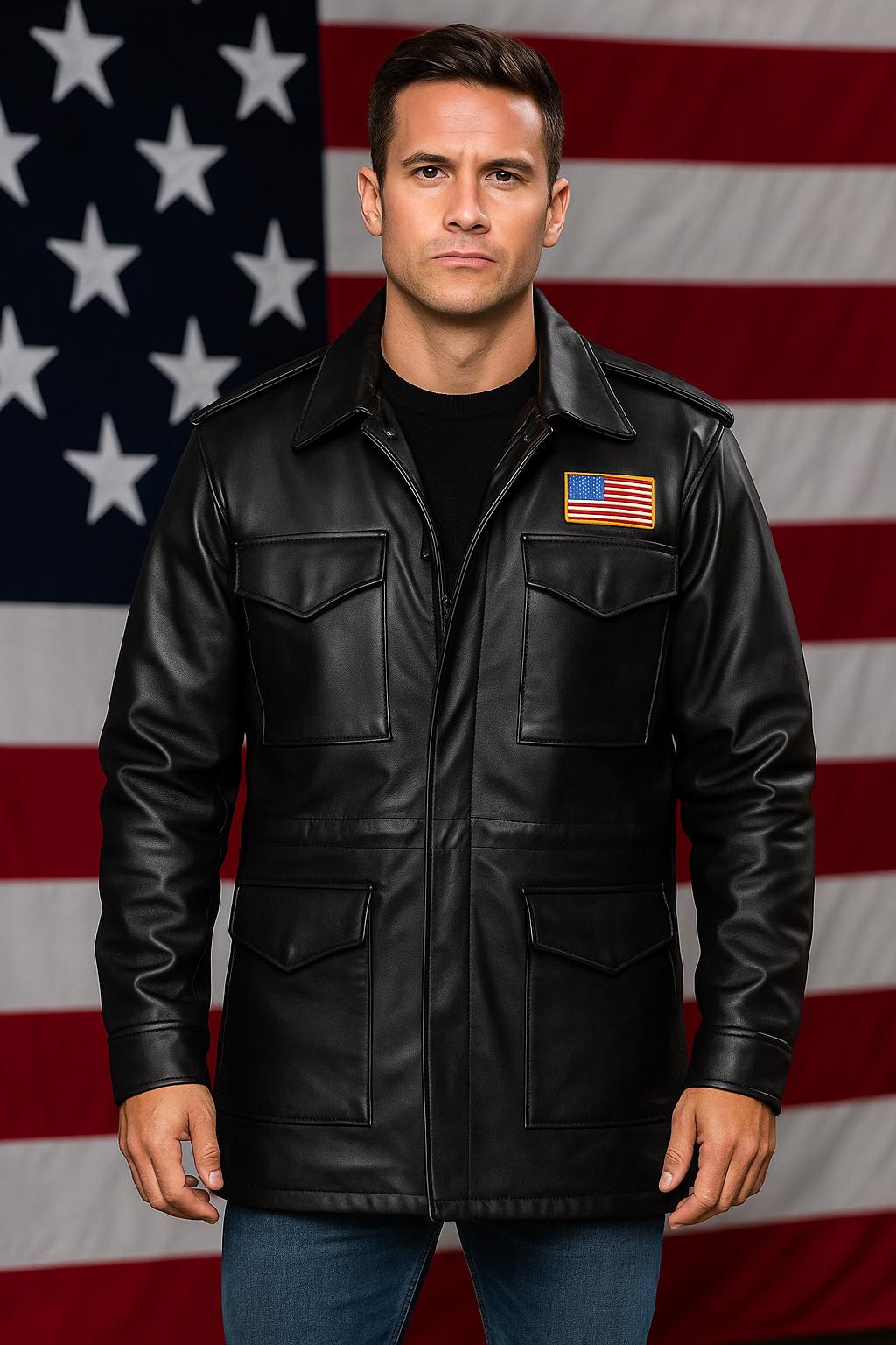 Handmade Lambskin Leather M65 Field Coat: Military Style Black