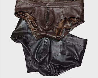 Calzoncillos tipo tanga de piel de oveja marrón para hombre, suspensorio de cuero suave auténtico