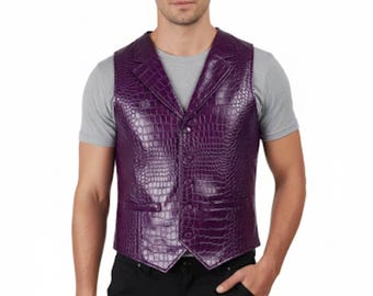 Chaleco Joker para hombre, de piel sintética de cocodrilo morado.