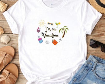 Estoy de vacaciones PNG, Gráfico de viaje de verano a la playa, Imágenes prediseñadas de palmeras tropicales (Descarga digital)