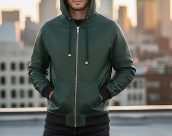 Sudadera con capucha de cuero verde oscuro para hombre: chaqueta informal con cremallera y bolsillos
