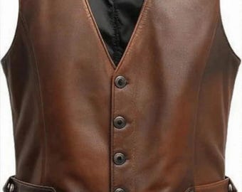 Chaleco vaquero auténtico estilo western para hombre, marrón, vintage, de piel de cordero y cuero desgastado.