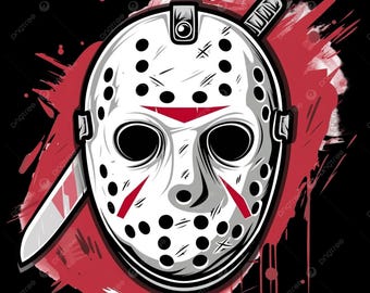 Máscara de hockey aterradora PNG, diseño de terror slasher, gráfico de máscara asesina de Halloween, estampado de camiseta con salpicaduras de sangre, archivo de sublimación de 15x8