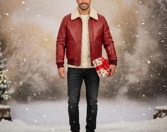 Chaqueta bomber de piel de oveja roja para hombre / Estilo aviador de invierno