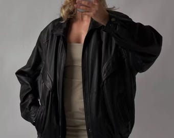 Chaqueta de piel de cordero extragrande: abrigo de estilo motero retro negro para mujer