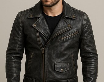 Chaqueta de motociclista de piel de oveja negra envejecida hecha a mano