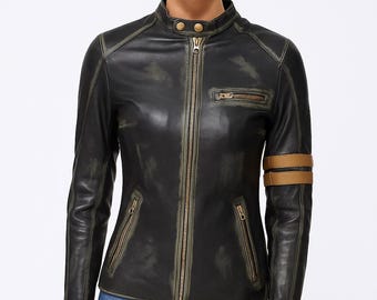 Damen Distressed Gewachste Lammfell Echtleder Cafe Racer Motorrad Vintage Classic Biker Jacke