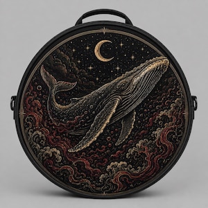 May include: A round black bag featuring a detailed illustration of a humpback whale swimming through dark, swirling waves under a crescent moon and a starry night sky. The design uses gold and deep red tones against a black background.