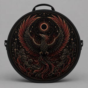Puede incluir: Un bolso circular negro con un gráfico detallado de un fénix con alas extendidas, plumaje rojo oscuro y negro, y un motivo central de eclipse rodeado de pequeñas estrellas. El bolso cuenta con un asa superior y enganches laterales para correa.