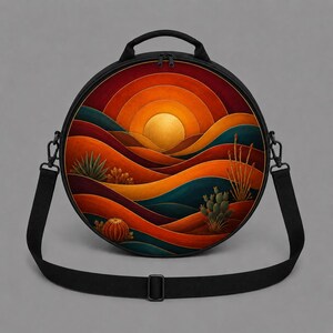 May include: A circular bag with a black frame and adjustable shoulder strap. The front panel features a desert landscape illustration with layered orange, red, and teal dunes, a glowing yellow sun, and various cacti under a warm, sunset-inspired sky.