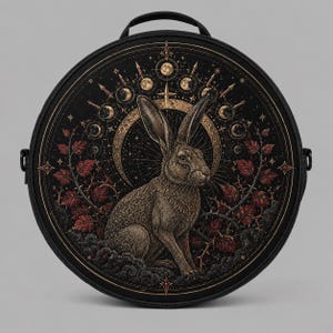 May include: A round black bag featuring a detailed illustration of a brown rabbit centred against a golden crescent moon. The design includes a lunar cycle, dark foliage with red leaves, and star-like accents, all set within a circular frame.