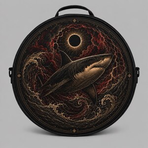 May include: A circular black bag featuring a detailed illustration of a shark swimming through turbulent, dark waves under a solar eclipse. The artwork uses a palette of deep browns, blacks, and muted gold tones, with a top handle and side hardware.
