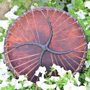 May include: A circular, brown leather drum featuring a dark, branch-like central design. The drum is set amidst white flowers and green foliage. The drum's surface is segmented by thin, light-coloured strips.