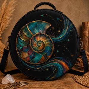 Op de afbeelding: Een ronde zwarte tas met een levendige, veelkleurige nautilusschelp-afbeelding in tinten blauwgroen, blauw, paars en goud. Het ontwerp bevat wervelende kosmische patronen en kleine stippen. De tas heeft een handvat en afneembare schouderbanden.