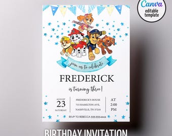 Printable Paw-ty Editable Invitation, puppies Birthday Invite boy girl, puppy party, Instant Download, paw kids Birthday Invite template