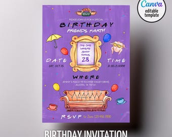 Invito stampabile per la festa di compleanno di Friends, modello di invito digitale modificabile per la serie TV Friends, Chandler, Ross, Joey, Rachel, Phoebe