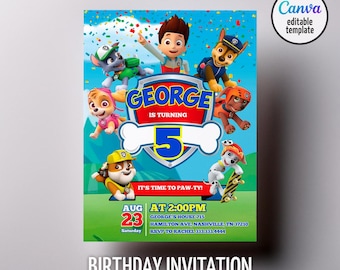 Printable Paw-ty Editable Invitation, puppies Birthday Invite boy girl, puppy party, Instant Download, paw kids Birthday Invite template