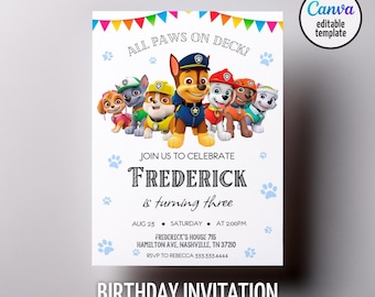 Printable Paw-ty Editable Invitation, puppies Birthday Invite boy girl, puppy party, Instant Download, paw kids Birthday Invite template