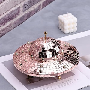 Rosegold UFO Disco Ball - Handgemachte Retro Spiegel Raumschiff Dekoration, Party & Garten Dekoration, 20,5 x 15,5 cm