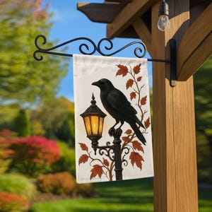 Crow Garden Flag with Lantern and Fall Leaves – Gothic Halloween Outdoor Decor – Spooky Raven Yard Flag for Porch or Lawn Display