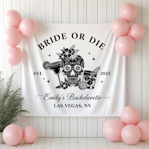 Custom Gothic Skeleton Bride Photo Backdrop Tapestry | Bride or Die Bachelorette Party Banner | Funny Halloween Wedding Or Spooky Gift