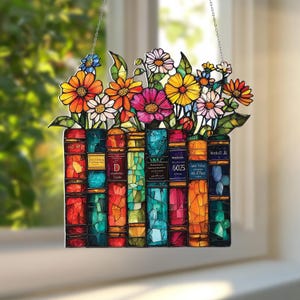 Flower Book Window Hanging Acrylic, Home Library Book Decor, Book Club Lover Gift, Gift for Librarian, Book Lover Library Decor,Gift for Her