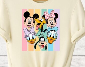 Mickey And Friends Tees, Disney Characters Shirts, Retro Disneyworld Tees, Pastel Disney Group Gift, Mickey Minnie Tees, Pluto Donald Shirts