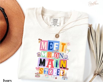 Comfort Colors Meet Me On Main Street Gift, Disney World Trip T-Shirt, Disney Character Collage Tee, Magic Kingdom Shirt, Disney Family Tee